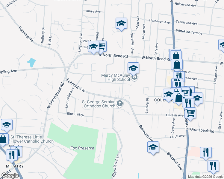 map of restaurants, bars, coffee shops, grocery stores, and more near 5930 Belmont Avenue in Cincinnati