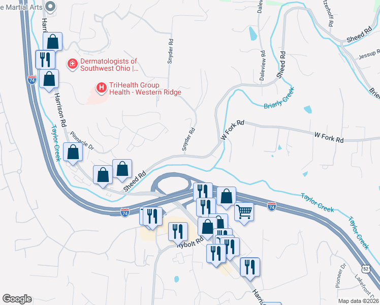 map of restaurants, bars, coffee shops, grocery stores, and more near 5708 Snyder Road in Cincinnati