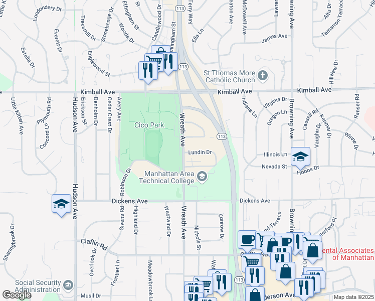 map of restaurants, bars, coffee shops, grocery stores, and more near 3142 Lundin Drive in Manhattan