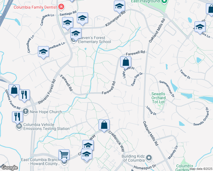 map of restaurants, bars, coffee shops, grocery stores, and more near 9482 Cameldriver Court in Columbia