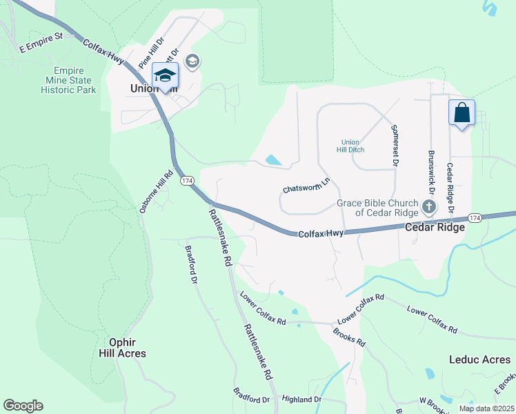 map of restaurants, bars, coffee shops, grocery stores, and more near 12188 Colfax Highway in Grass Valley