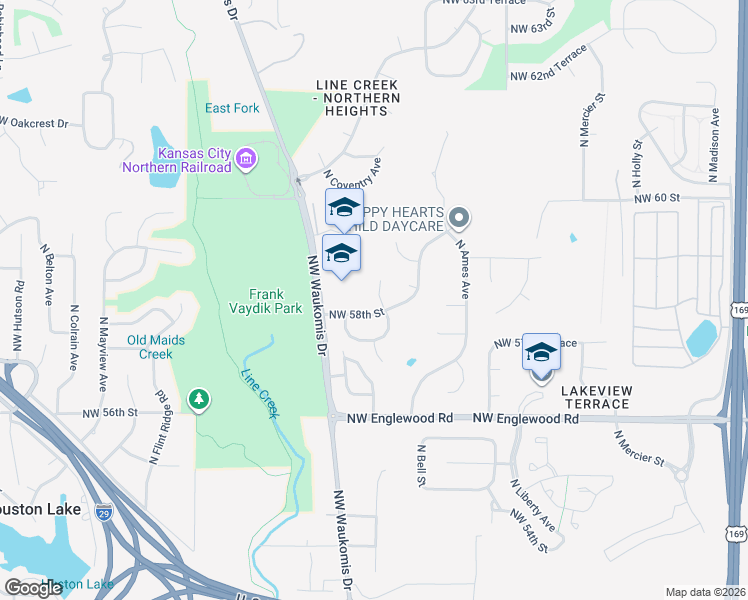 map of restaurants, bars, coffee shops, grocery stores, and more near 5801 North Delta Avenue in Kansas City