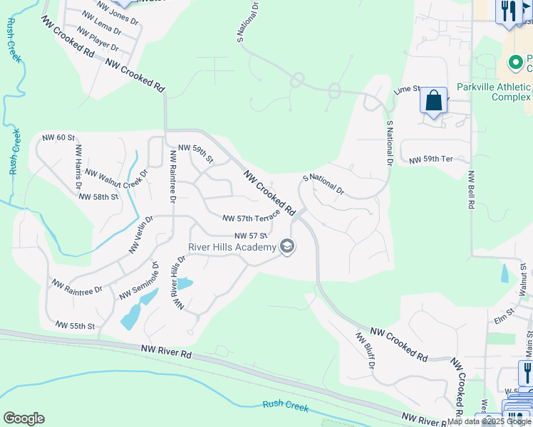 map of restaurants, bars, coffee shops, grocery stores, and more near 10110 Northwest 57 Street in Kansas City