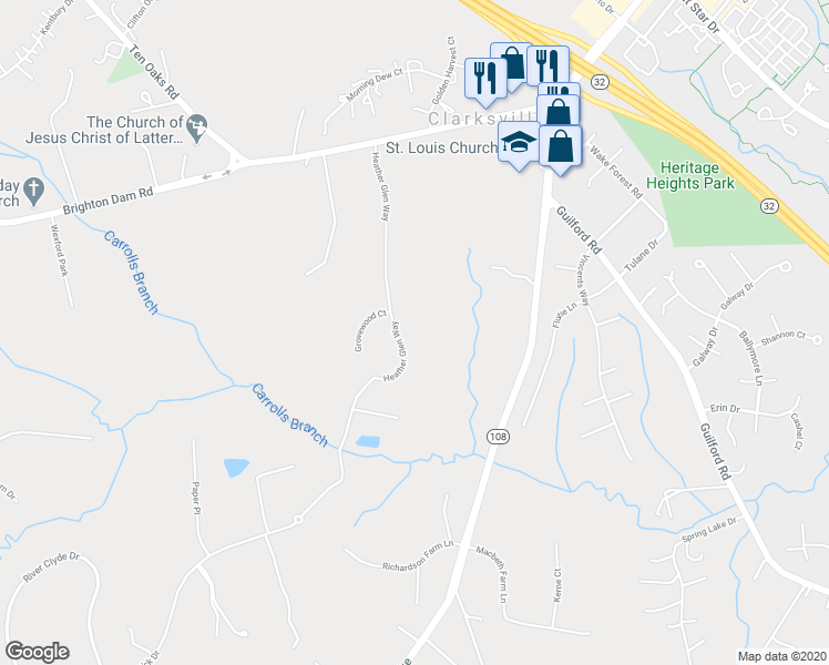 map of restaurants, bars, coffee shops, grocery stores, and more near 6259 Heather Glen Way in Clarksville