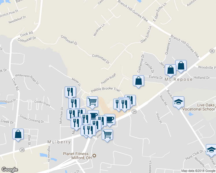 map of restaurants, bars, coffee shops, grocery stores, and more near 1286 Pebble Brooke Trail in Milford