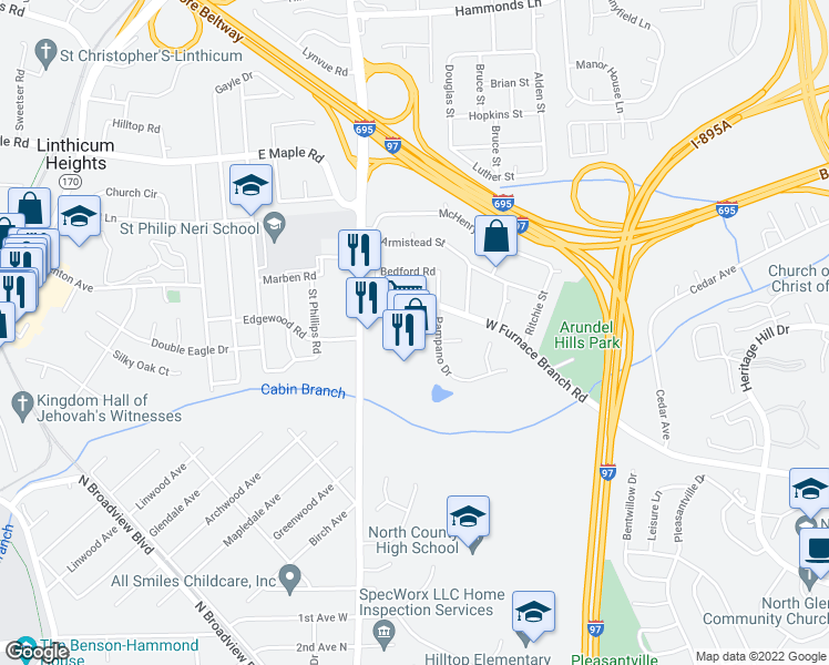 map of restaurants, bars, coffee shops, grocery stores, and more near 7069 Baltimore Annapolis Boulevard in Glen Burnie
