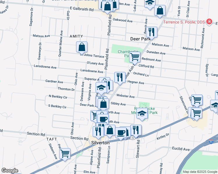 map of restaurants, bars, coffee shops, grocery stores, and more near 4116 Webster Avenue in Cincinnati