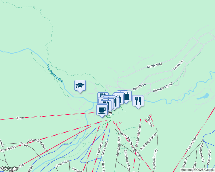 map of restaurants, bars, coffee shops, grocery stores, and more near 19 Christy Lane in Olympic Valley