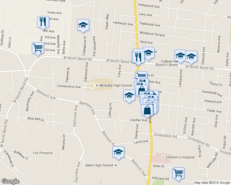 map of restaurants, bars, coffee shops, grocery stores, and more near 5914 Cary Avenue in Cincinnati