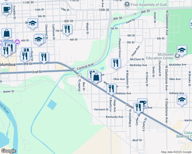 map of restaurants, bars, coffee shops, grocery stores, and more near 131 Pence Calla Street in Columbus