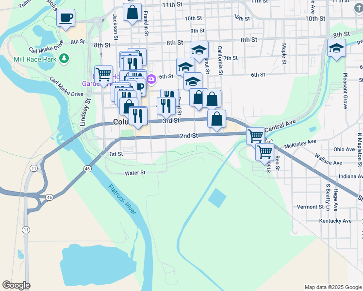 map of restaurants, bars, coffee shops, grocery stores, and more near 703-711 State Highway 46 in Columbus