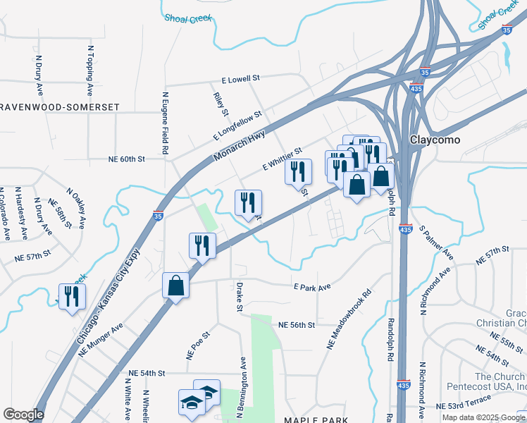 map of restaurants, bars, coffee shops, grocery stores, and more near 166 Riley Street in Kansas City