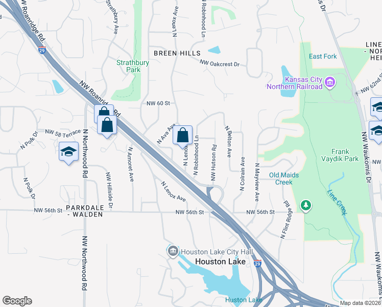 map of restaurants, bars, coffee shops, grocery stores, and more near 5721 North Lenox Avenue in Kansas City