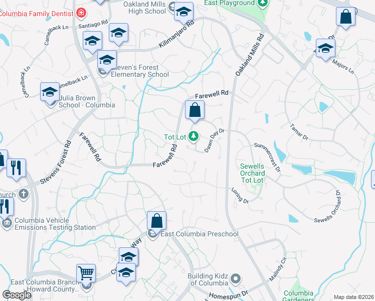 map of restaurants, bars, coffee shops, grocery stores, and more near 6295 Dawn Day Drive in Columbia