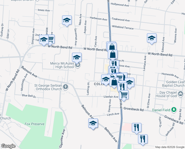 map of restaurants, bars, coffee shops, grocery stores, and more near 5914 Cary Avenue in Cincinnati