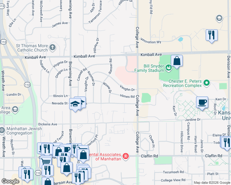 map of restaurants, bars, coffee shops, grocery stores, and more near 2453 Himes Road in Manhattan