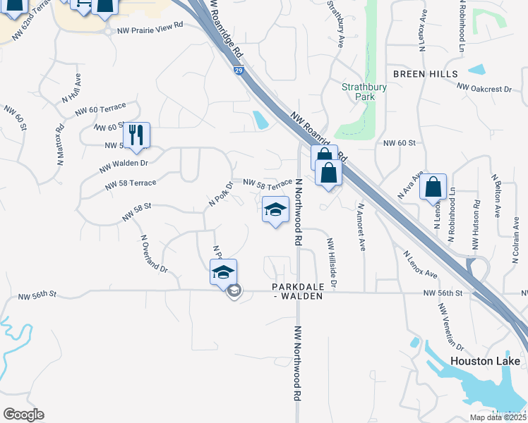 map of restaurants, bars, coffee shops, grocery stores, and more near 5757 N Anita Ave in Kansas City