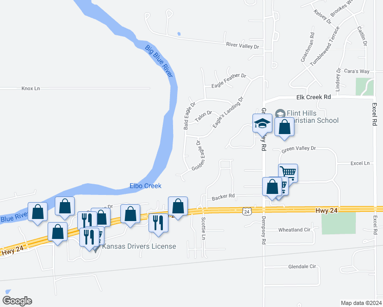 map of restaurants, bars, coffee shops, grocery stores, and more near 3971 Eagle Talon Circle in Manhattan
