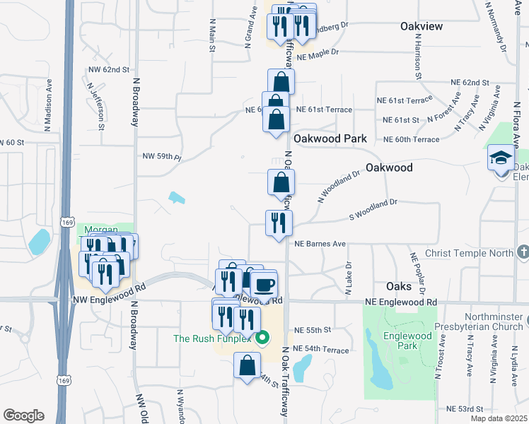 map of restaurants, bars, coffee shops, grocery stores, and more near 300 Northeast 58 Street in Gladstone