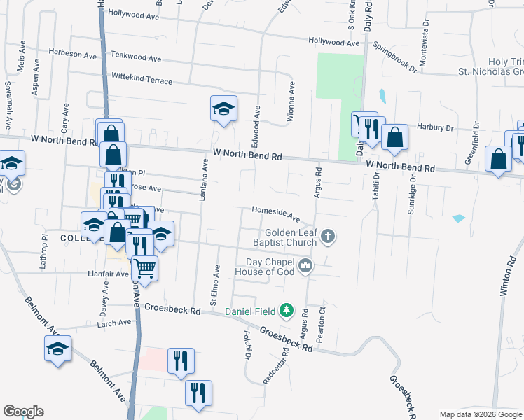 map of restaurants, bars, coffee shops, grocery stores, and more near 1167 Homeside Avenue in Cincinnati