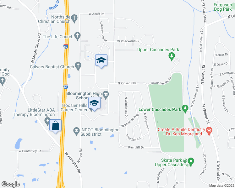 map of restaurants, bars, coffee shops, grocery stores, and more near 3531 North Valleyview Drive in Bloomington