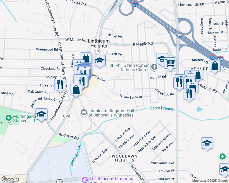 map of restaurants, bars, coffee shops, grocery stores, and more near 320 Double Eagle Drive in Linthicum Heights