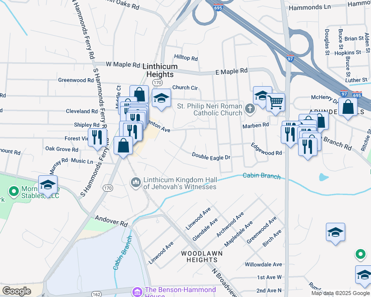 map of restaurants, bars, coffee shops, grocery stores, and more near 320 Double Eagle Drive in Linthicum Heights