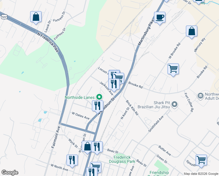 map of restaurants, bars, coffee shops, grocery stores, and more near 18 Jackson Avenue in Winchester
