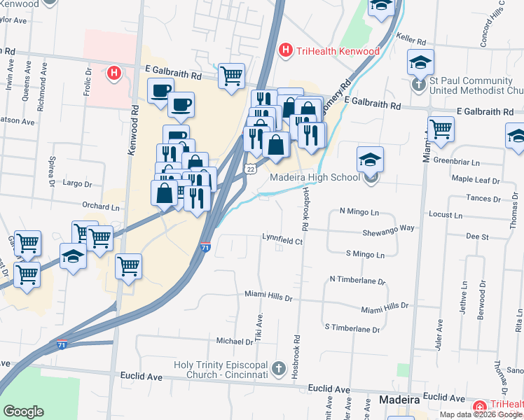 map of restaurants, bars, coffee shops, grocery stores, and more near 7667 Ginnala Court in Cincinnati