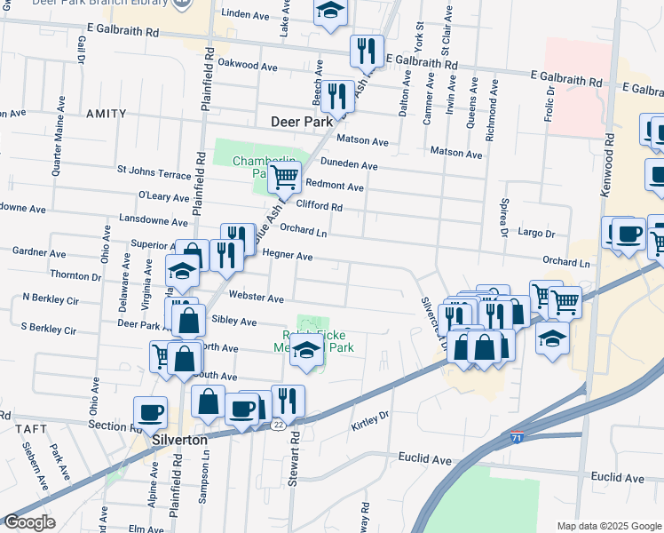 map of restaurants, bars, coffee shops, grocery stores, and more near 4268 Glenway Avenue in Deer Park