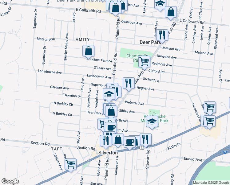 map of restaurants, bars, coffee shops, grocery stores, and more near 4116 Webster Avenue in Cincinnati