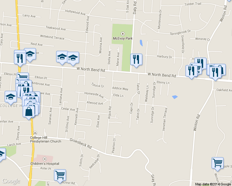 map of restaurants, bars, coffee shops, grocery stores, and more near 1081 Elda Lane in Cincinnati