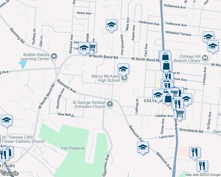 map of restaurants, bars, coffee shops, grocery stores, and more near 5925 Oakwood Avenue in Cincinnati
