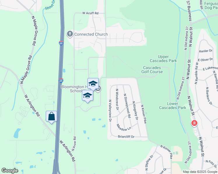 map of restaurants, bars, coffee shops, grocery stores, and more near 3531 North Valleyview Drive in Bloomington