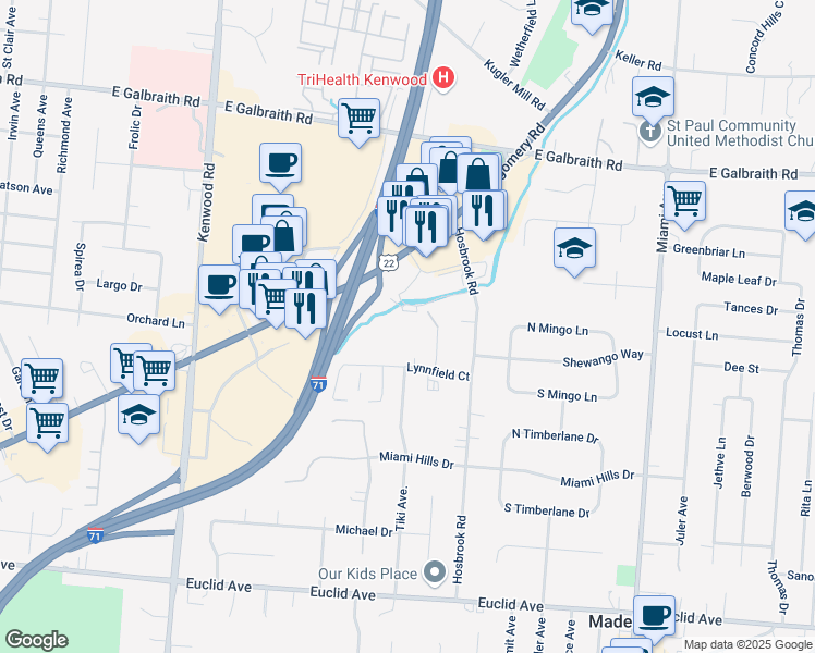 map of restaurants, bars, coffee shops, grocery stores, and more near 2012 Ronald Reagan Drive in Cincinnati