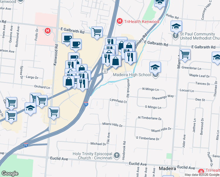 map of restaurants, bars, coffee shops, grocery stores, and more near 2012 Ronald Reagan Drive in Cincinnati