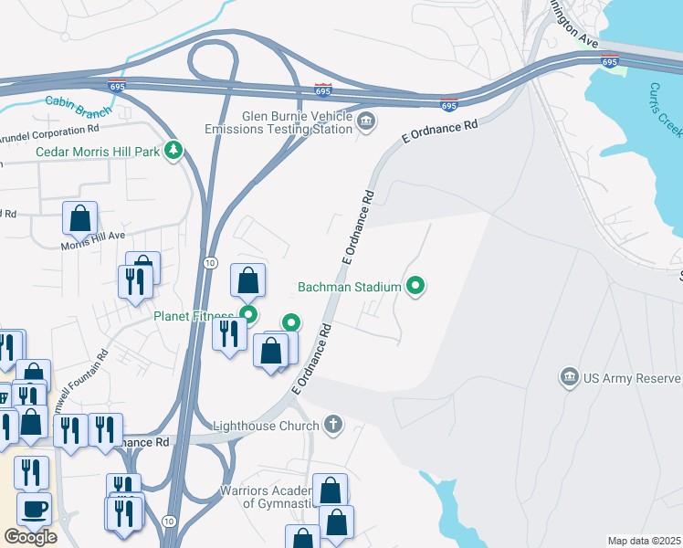map of restaurants, bars, coffee shops, grocery stores, and more near East Ordnance Road in Glen Burnie
