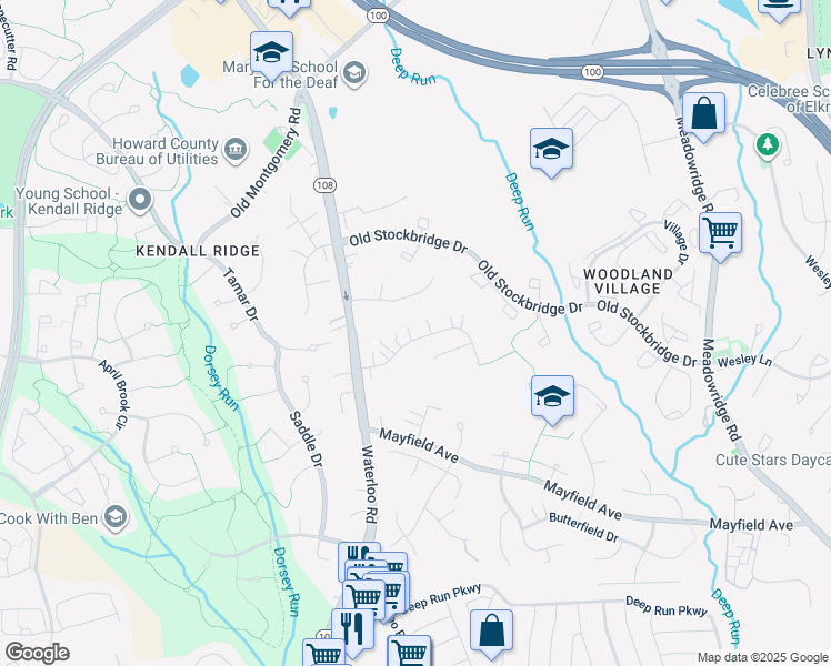 map of restaurants, bars, coffee shops, grocery stores, and more near 6202 Walter Way in Ellicott City