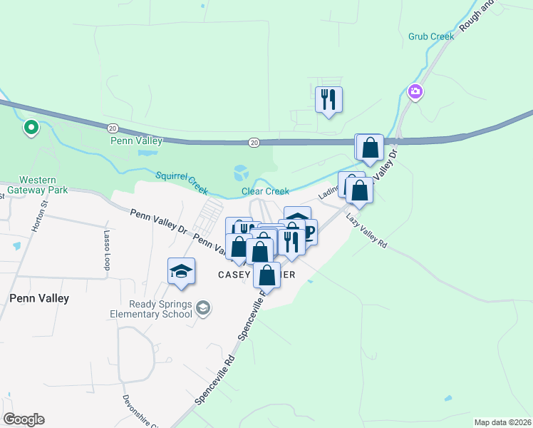 map of restaurants, bars, coffee shops, grocery stores, and more near 134 Lark Street in Penn Valley