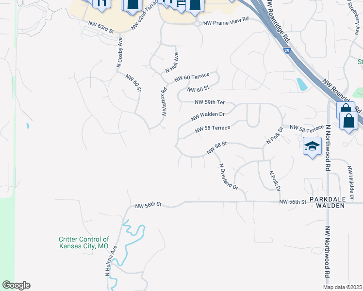 map of restaurants, bars, coffee shops, grocery stores, and more near 5404 Northwest 58 Street in Kansas City