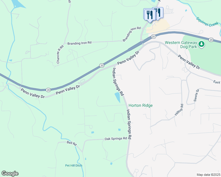 map of restaurants, bars, coffee shops, grocery stores, and more near 19181 Indian Springs Road in Penn Valley