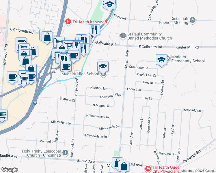 map of restaurants, bars, coffee shops, grocery stores, and more near 7441 North Mingo Lane in Cincinnati