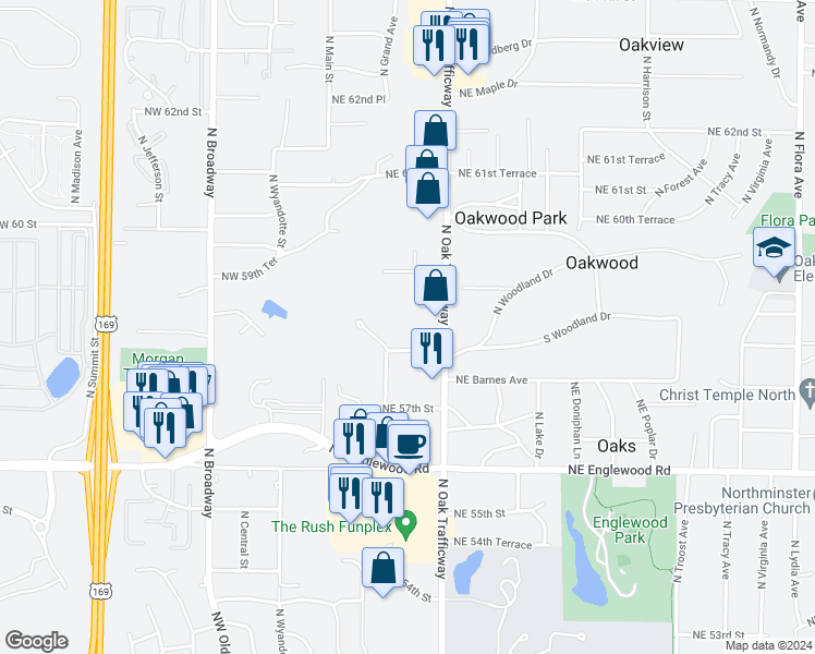 map of restaurants, bars, coffee shops, grocery stores, and more near 204 Northeast 58th Street in Gladstone
