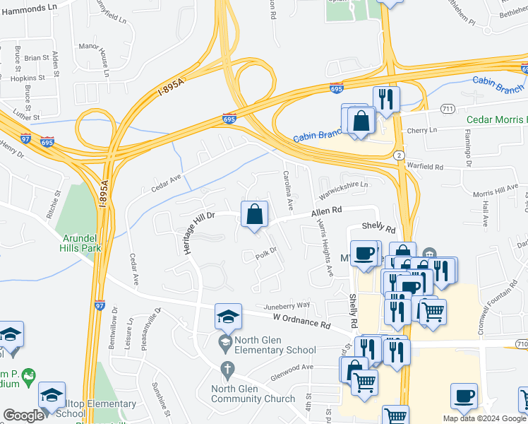 map of restaurants, bars, coffee shops, grocery stores, and more near 6449 Mount Vernon Lane in Glen Burnie