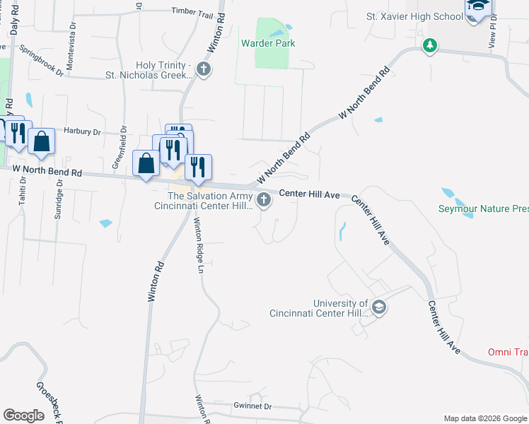 map of restaurants, bars, coffee shops, grocery stores, and more near 6381 Center Hill Avenue in Cincinnati