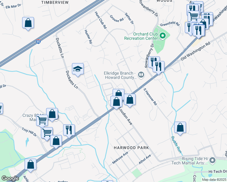 map of restaurants, bars, coffee shops, grocery stores, and more near 6636 Washington Boulevard in Elkridge