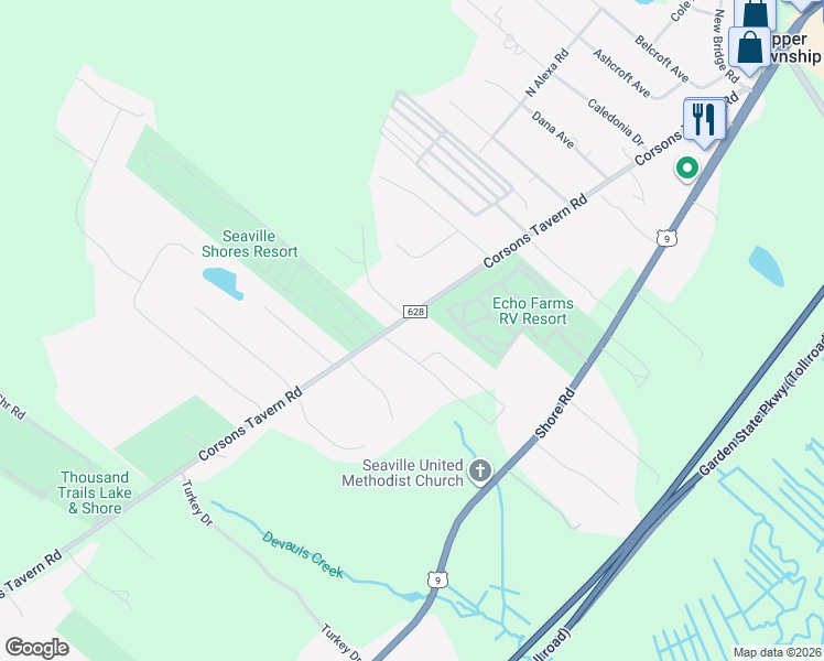 map of restaurants, bars, coffee shops, grocery stores, and more near 91 Corsons Tavern Road in Upper Township