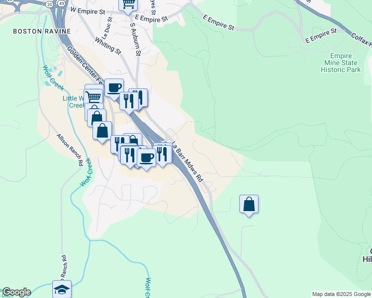 map of restaurants, bars, coffee shops, grocery stores, and more near 901 La Barr Meadows Road in Grass Valley