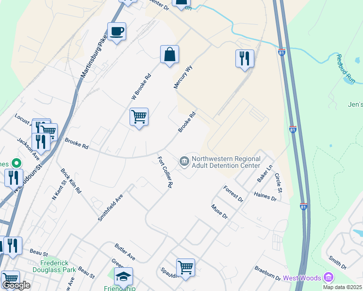 map of restaurants, bars, coffee shops, grocery stores, and more near 145 Fort Collier Road in Winchester