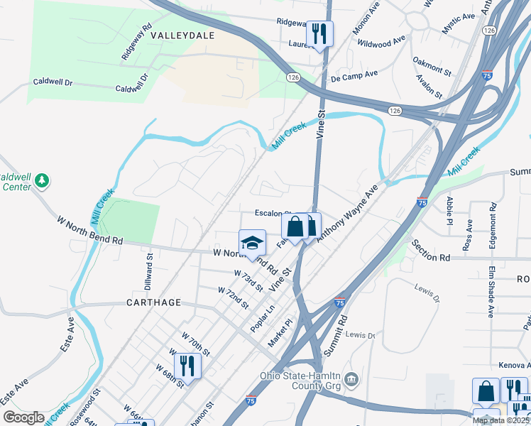 map of restaurants, bars, coffee shops, grocery stores, and more near 168 Escalon Street in Cincinnati